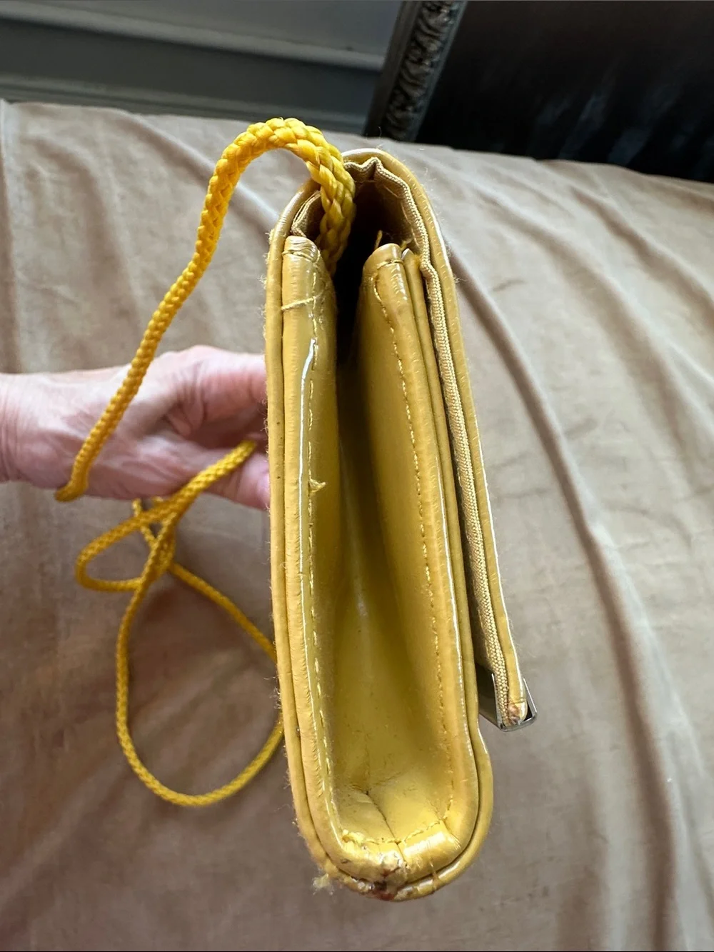 Vintage Mustard yellow clutch purse on rope